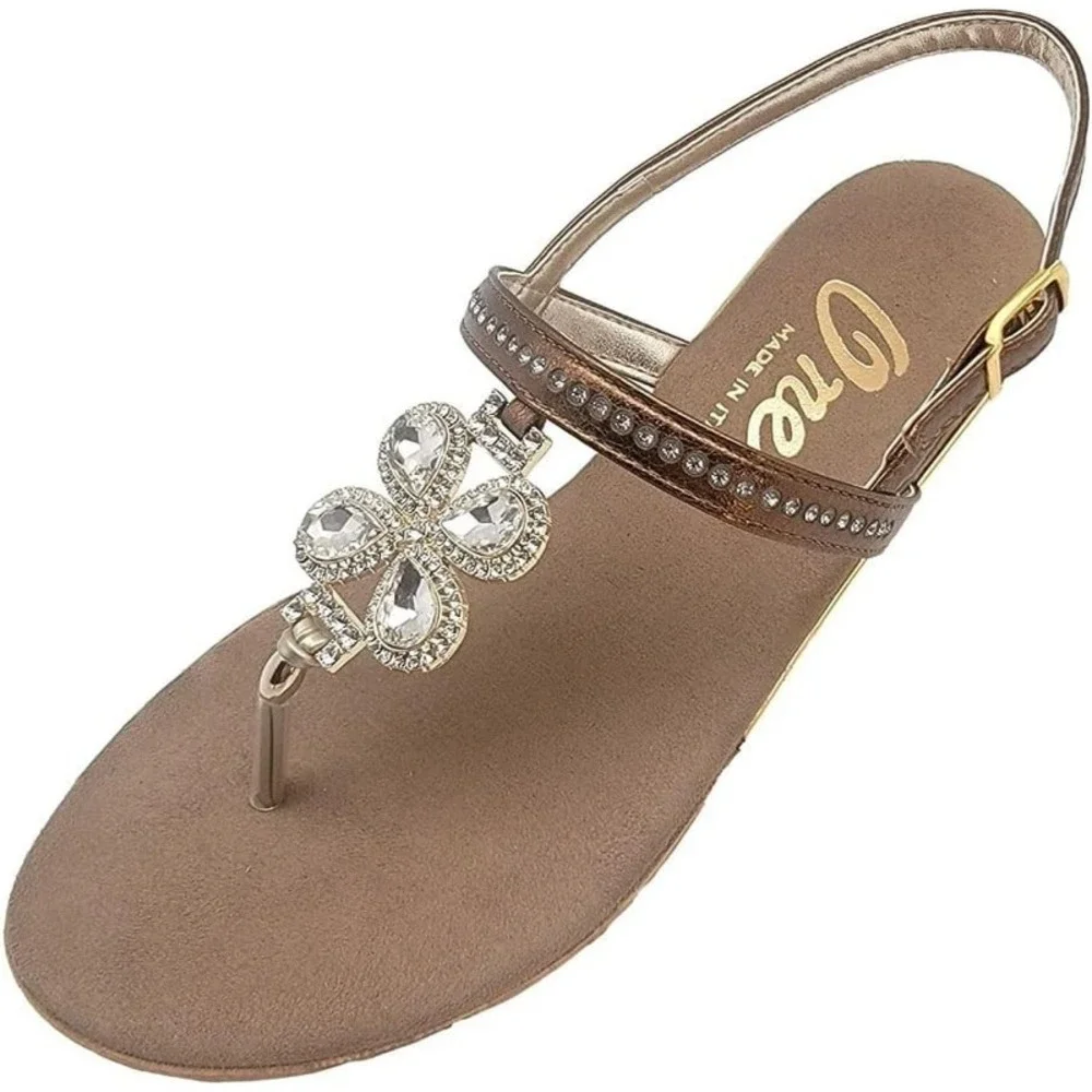 Women's Onex Leather Wedge Slide Sandals Bronze Swarovski Crystal Italy Size 10